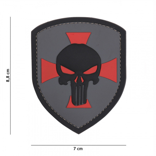 PARCHE 3D PVC  PUNISHER CRUZ ROJO SOBRE GRIS.