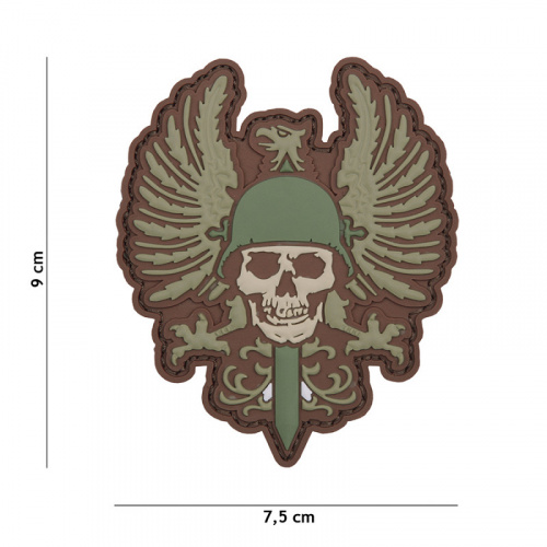 PARCHE 3D PVC , CALAVERA CON CASCO ESPAÑOL, AGUILA DE SAN JUAN, VERDE.