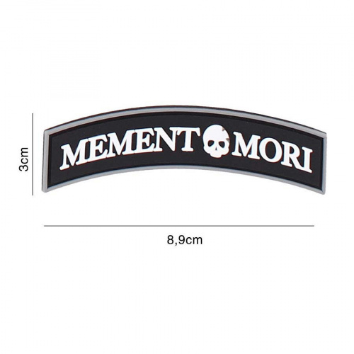 PARCHE 3D PVC "MEMENTO MORI" BLANCO SOBRE NEGRO CURVO.