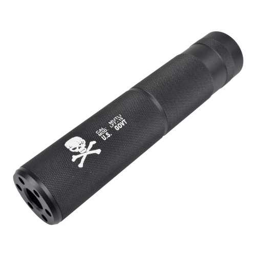 Silenciador Airsoft HY-149F de aluminio negro con diseño de calavera
