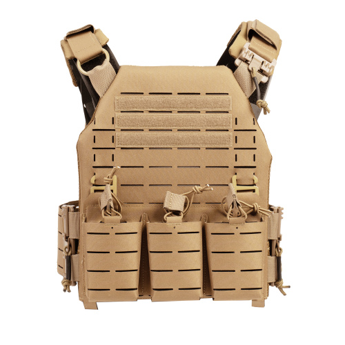 Chaleco SIXMM LLC TAN con sistema MOLLE Laser Cut, liberación rápida QR y portacargador triple frontal para airsoft