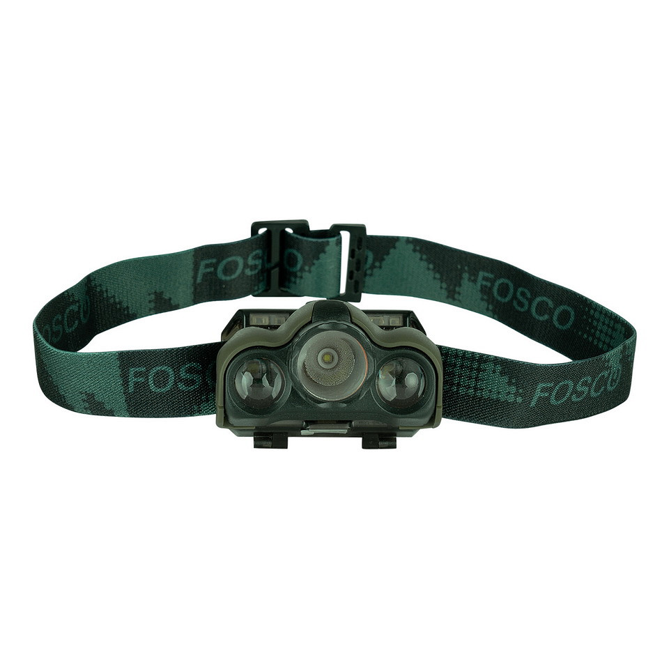 Linterna frontal LED Fosco Forest 220 lúmenes recargable con luz blanca, roja y verde